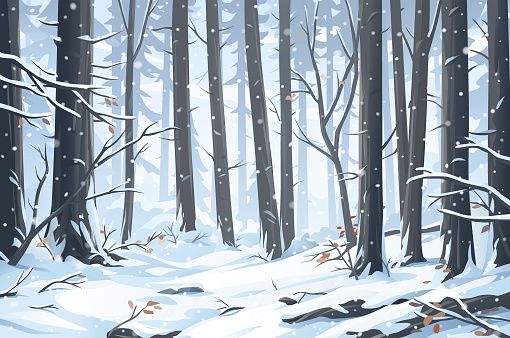Vector illustration of a beautiful winter forest with trees and bushes on a snowy day.