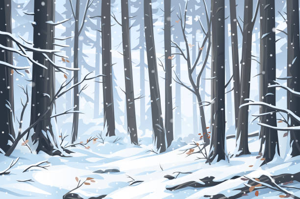 Snowy Winter Forest Vector illustration of a beautiful winter forest with trees and bushes on a snowy day. Glade stock illustrations