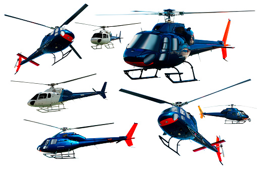 Set of helicopters in motion isolated on white background