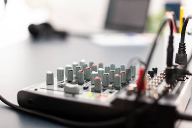 istock Close up of professional mixer in vlogger home podcast studio 1443807952