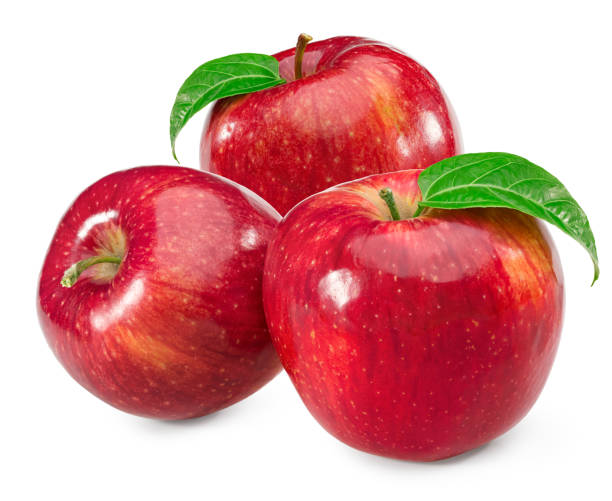 istock three red apples with green leaves isolated on white background. clipping path 1443810943