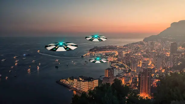 Flying saucers over the French Riviera - 3D render