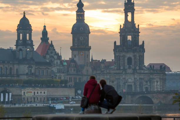 Dresden skyline at dusk over River Elbe, Dresden, Germany