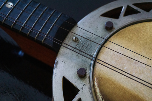 Vintage musical instrument banjo close up