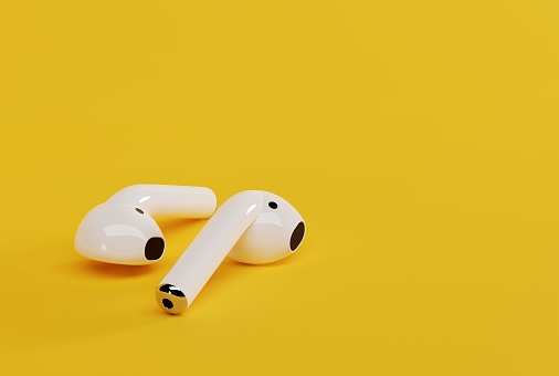 Concept of listening to music, using wireless headphones. Modern headphones. 3D render, 3D illustration.