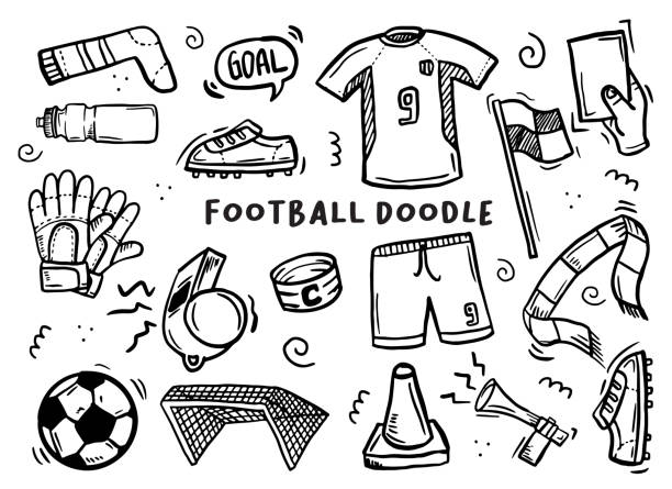 handgezeichnete illustration der fußballsache. kritzeleien in schwarz-weißer farbe. - jugendfußball stock-grafiken, -clipart, -cartoons und -symbole