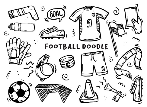 Hand drawn illustration of football thing. Doodles in black and white color.