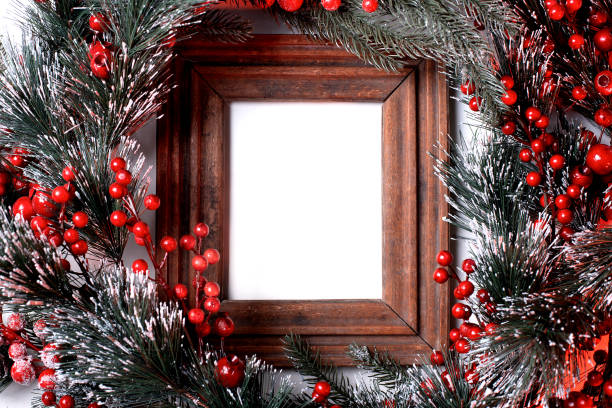 istock Creative frame made of Christmas tree branches and decorations with space for text. View from above. Christmas and New Year concept 1443813259
