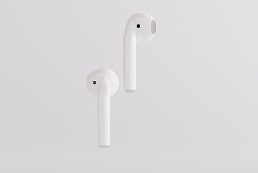 Concept of listening to music, using wireless headphones. Modern headphones. 3D render, 3D illustration.