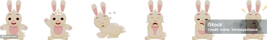 istock Set of vector illustrations of a hare, rabbit. Emotions: smiling, greeting, crying, hurting, sleeping, bored, sick. Cartoon bunny. 1443814445