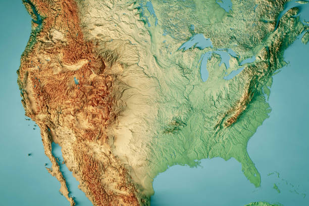 United States Topographic Map Horizontal 3D Render Color 3D Render of a Topographic Map of the United States of America.  
All source data is in the public domain.
Color texture: Made with Natural Earth.
http://www.naturalearthdata.com/downloads/10m-raster-data/10m-cross-blend-hypso/
Relief texture: GMTED 2010 data courtesy of USGS. URL of source image:
https://topotools.cr.usgs.gov/gmted_viewer/viewer.htm
Water texture: SRTM Water Body SWDB: https://dds.cr.usgs.gov/srtm/version2_1/SWBD/ great lakes stock pictures, royalty-free photos & images