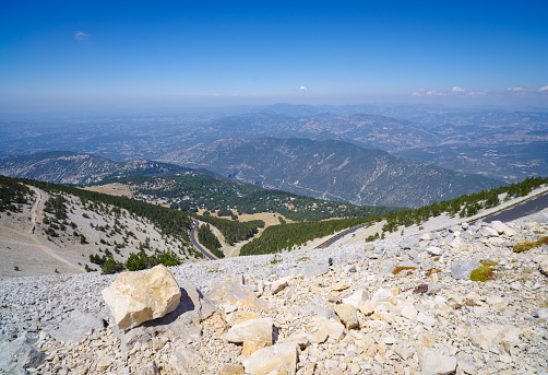 desolate landscape on top of Mont Ventoux, France. At 1,909 m (6,263 ft), it is the highest mountain in the region and has been nicknamed the Beast of Provence.