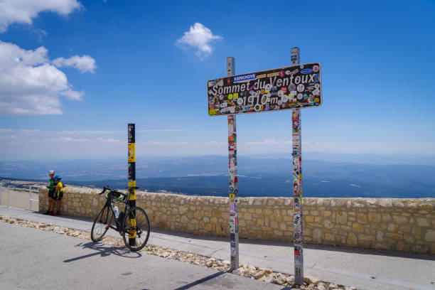Bedoin, France - August 7, 2022:  Top of the Mont Ventoux. At 1,909 m (6,263 ft), it is the highest mountain in the region and has been nicknamed the Beast of Provence.
