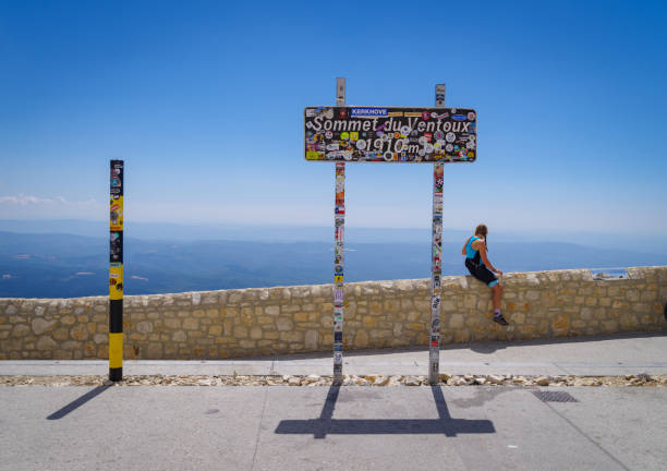 Bedoin, France - August 7, 2022:  Top of the Mont Ventoux. At 1,909 m (6,263 ft), it is the highest mountain in the region and has been nicknamed the Beast of Provence.