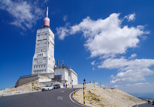 Bedoin, France - August 7, 2022:  Telecommunication tower on the top of the Mont Ventoux. It is the highest mountain of Provence region, located in Vaucluse area.