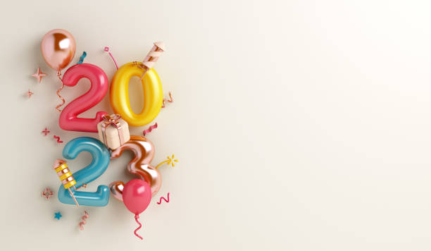istock Happy new year 2023 decoration background with balloon, firework rocket, gift box, 3D rendering illustration 1443817042