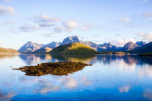 Calm evening at Fredvang on Moskenes Island in Lofoten, Norway, looking South