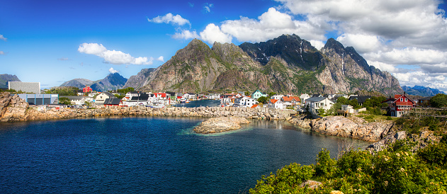 Looking from the Southern part of Hellandsoya towards the famous fishing village of Henningsvaer in Lofoten, Norway