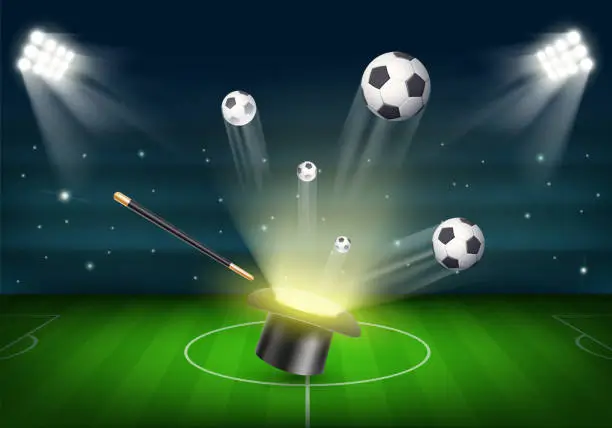 Vector illustration of Soccer balls fly out of the magic hat