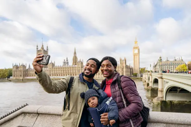 Waist-up view of young Black family with baby capturing a memory with smart phone while standing across River Thames from Big Ben and Houses of Parliament.