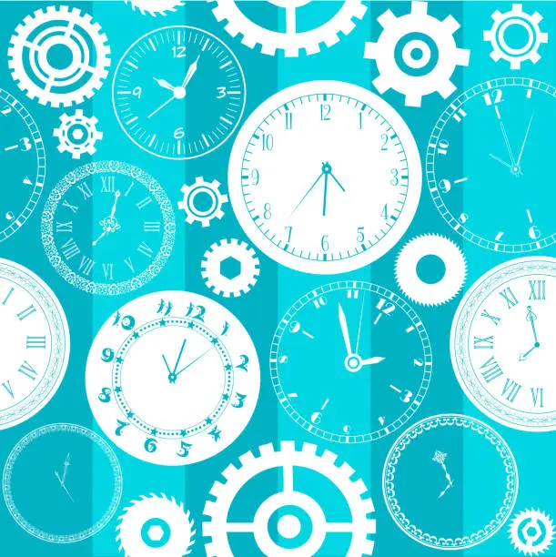 Vector illustration of Time concept in flat style. Clock face with gear mechanisms on an abstract color background.