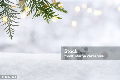 istock Christmas and New Year holidays background, copy space. Christmas banner with Snow, blurred glittering lights, christmas tree branche 1443821833
