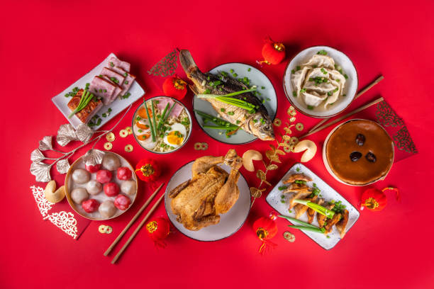 Chinese lunar New Year dinner table stock photo