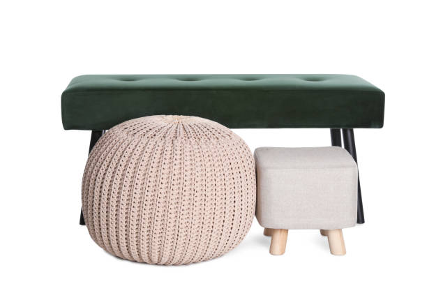istock Different poufs and bench on white background. Home design 1443827927