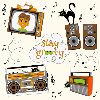 Retro electronics items in the style of the 70s on a light background with notes and black cats and stay groovy inscription