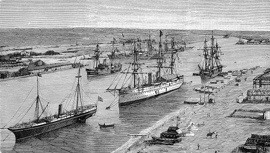 The Suez Canal at port Said, Egypt. the Canal joined the Mediterranean and the Red Sea, reducing substantially the navigation time between Europe and East Asia