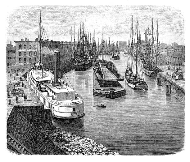 Swing bridge on the Chicago river pivots horizontally for vessels to pass and for land transport to cross