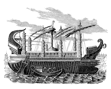 Syracusia  designed by Archimedes with antifouling technology to prevent the attachment of fouling organisms  was a ancient Greek ship the largest of antiquity able to transport goods, soldiers and catapults.