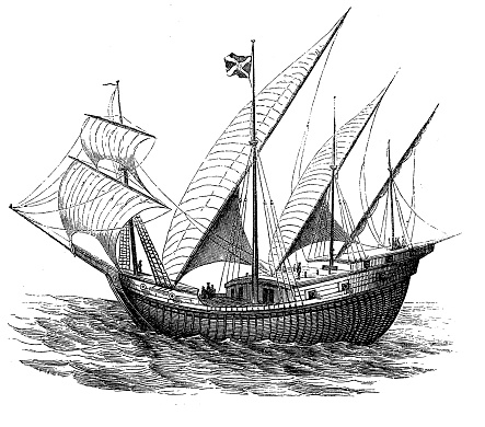 Portuguese ship of the 15th century named carrack:three- or four-masted ocean-going sailing ship used for trans-Atlantic trade between Europe, Africa and the Americas