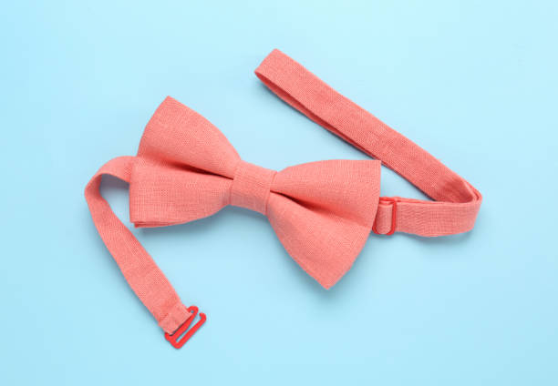 istock Stylish pink bow tie on light blue background, top view 1443828977