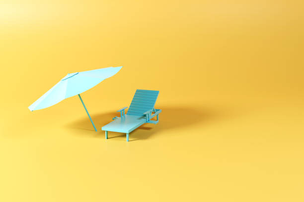 istock Blue sun lounger and umbrella on a orange background. 1443829218