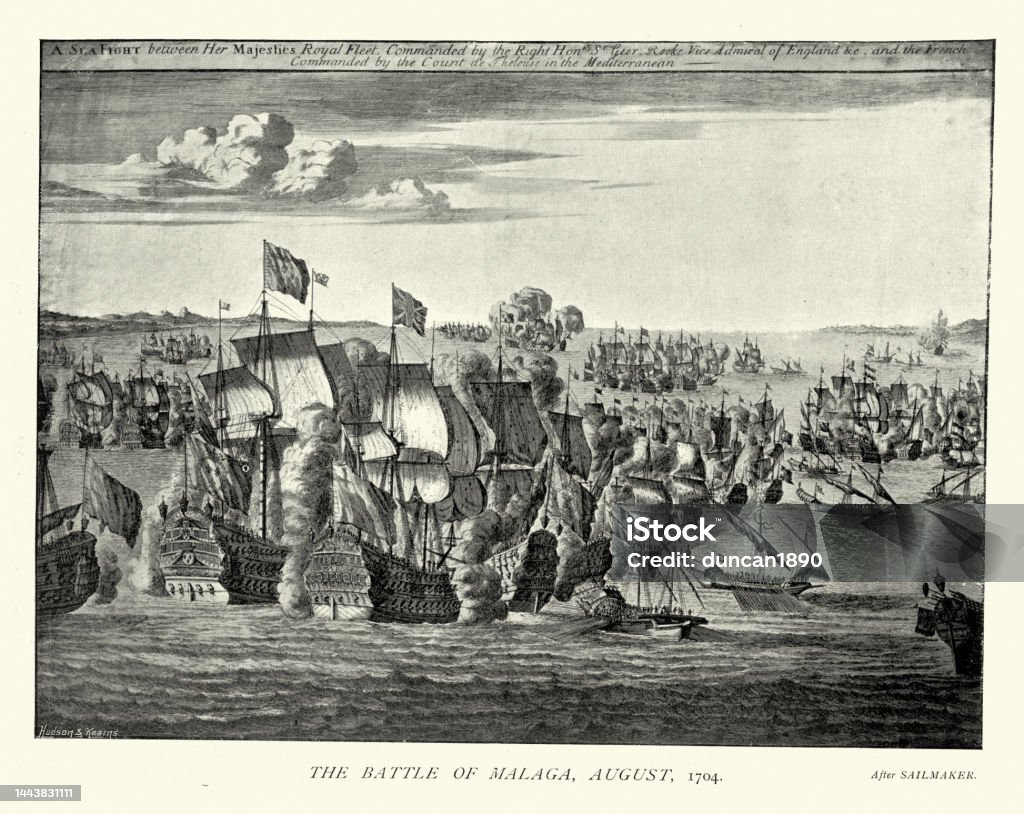 Battle of Málaga, 1704, during the War of the Spanish Succession between an Anglo-Dutch fleet and a French naval force Vintage illustration Battle of Málaga, 1704, during the War of the Spanish Succession between an Anglo-Dutch fleet and a French naval force English Culture stock illustration