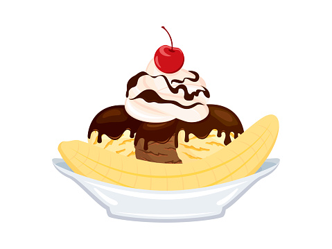 Ice cream sundae with banana, whipped cream and cherry on top vector. Chocolate and vanilla ice cream scoop sundae icon isolated on a white background