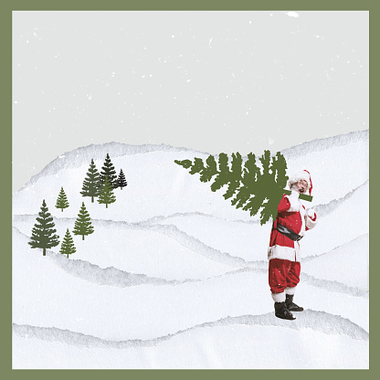 Contemporary artwork. Creative design. Cheerful senior man, Santa Claus carrying Christmas tree on shoulders. Preparation. Concept of winter holidays, Christmas, New Year, creativity. Postcard design
