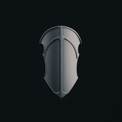 Dark aluminum knight shield, medieval knight armor for protection and guarding. Ancient defense armor, 3d rendering, nobody