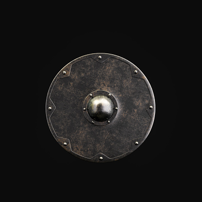 Old warrior shield, medieval knight armor for protection and guarding. Ancient defense armor against brutal and fatal attacks, 3d rendering, nobody