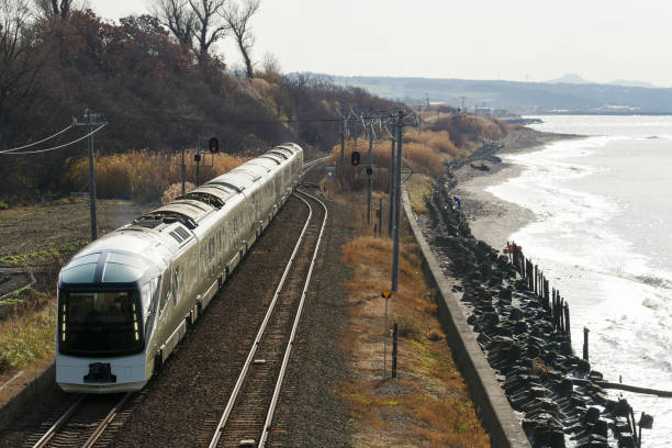 Date-city, Hokkaido, Japan - November 23, 2022 : TRAIN SUITE “SHIKI-SHIMA” to run in the seashore