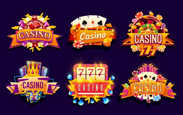 illustrazioni stock, clip art, cartoni animati e icone di tendenza di insegne di giochi da casinò e giochi d'azzardo - cards poker gambling chip dice