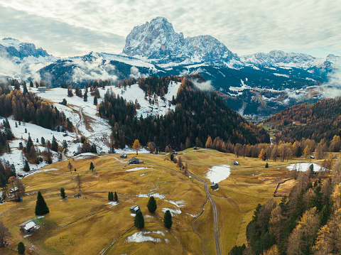 Scenic aerial view of Dolomites in winter