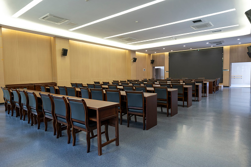 Inside the Fujian University for the Elderly, the school's empty meeting room, rows of seats