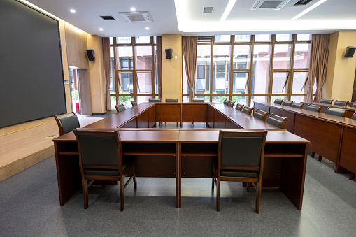 Inside the Fujian University for the Elderly, the school's empty meeting room, rows of seats