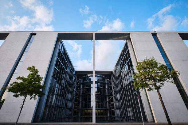 Berlin, Germany - Sept 2022: Urban city modern architecture of Paul Loebe Building, mixture of concrete and glass with large eaves and elegant design