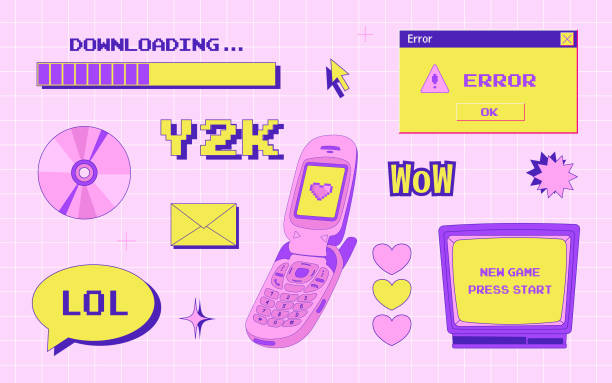 illustrazioni stock, clip art, cartoni animati e icone di tendenza di y2k set di oggetti alla moda, vecchia interfaccia del computer, elementi del pc retrò, 1990s 2000s stile, flip phone, disco cd, vecchia televisione, pixel cuore, nostalgia, illustrazione vettoriale - il millennio