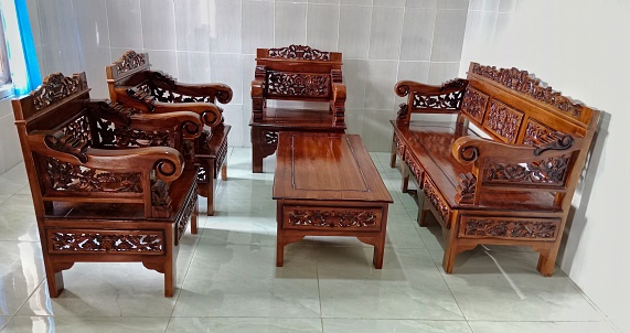 carved teak wood tables and chairs