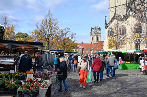Münster, October 19, 2022 - Weekly market on the cathedral square in Münster, Westphalia.