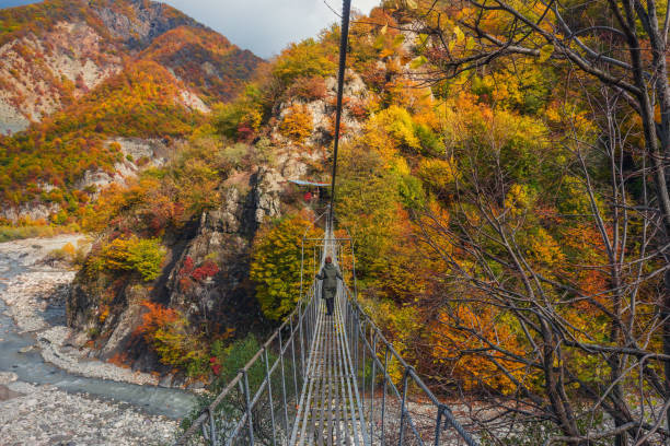 A girl walks on a suspension bridge in the mountains stock photo